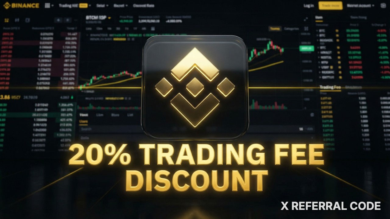 Logo Binance đi kèm thông tin ưu đãi giảm 20% phí giao dịch chuyên nghiệp.