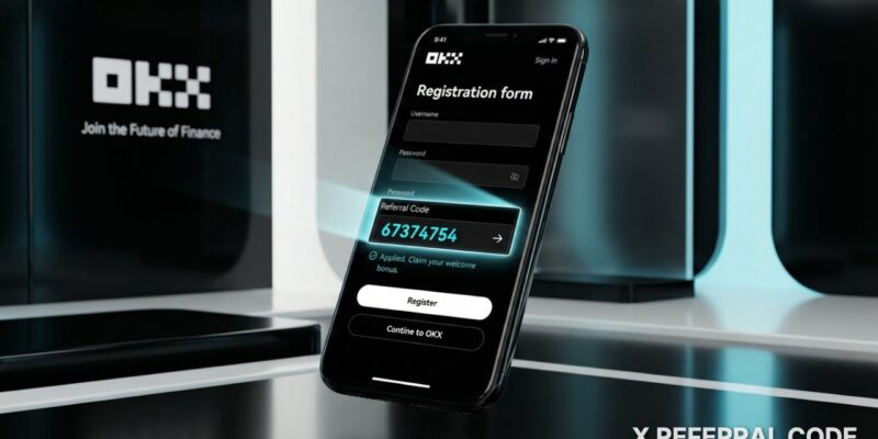 Giao diện đăng ký tài khoản OKX với mã giới thiệu 67374754 đã được điền chính xác.