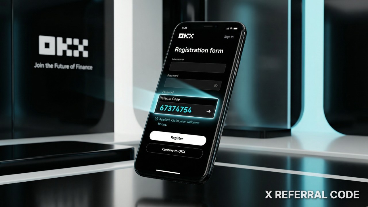 Giao diện đăng ký tài khoản OKX với mã giới thiệu 67374754 đã được điền chính xác.