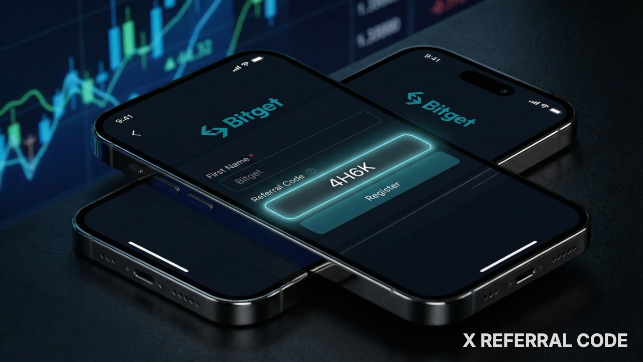 Giao diện biểu mẫu đăng ký tài khoản Bitget với ô nhập mã giới thiệu 4H6K được làm nổi bật chuyên nghiệp