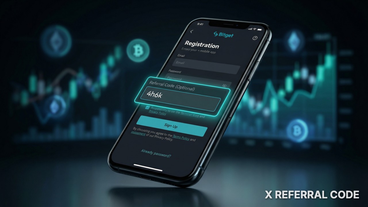 Giao diện trang đăng ký Bitget hiển thị ô nhập mã giới thiệu với mã 4h6k cực kỳ rõ nét.