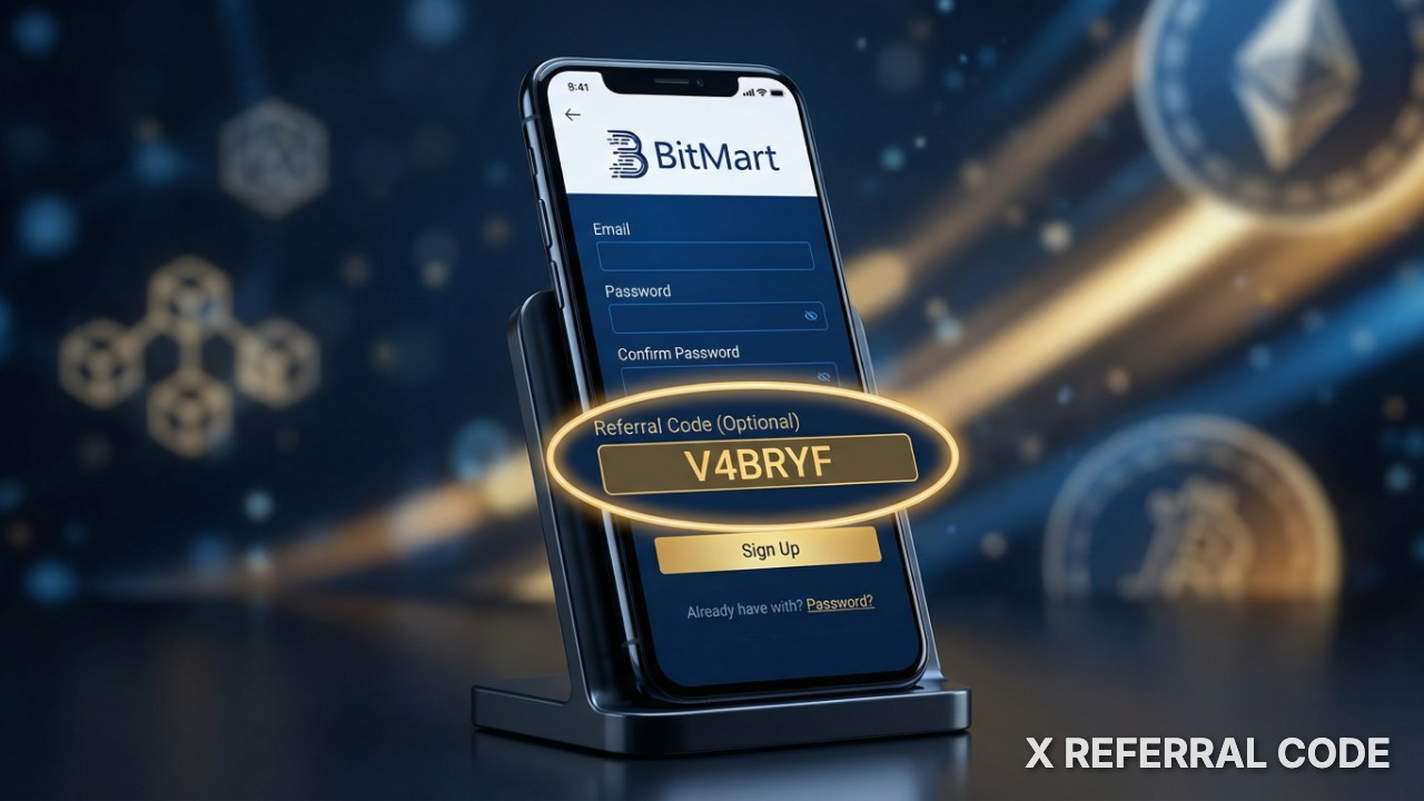 Giao diện biểu mẫu đăng ký tài khoản BitMart với ô nhập mã giới thiệu V4BRYF được làm nổi bật rõ nét.