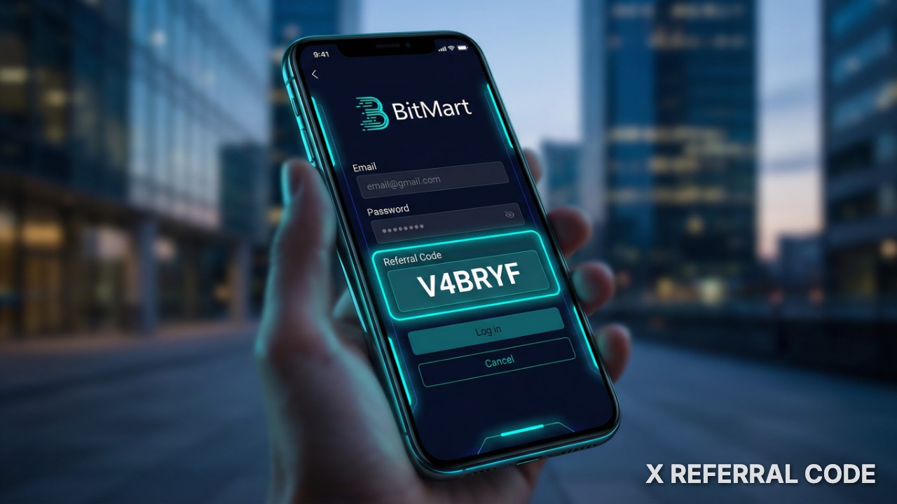 Giao diện trang đăng ký BitMart hiển thị ô nhập mã giới thiệu V4BRYF chuyên nghiệp.