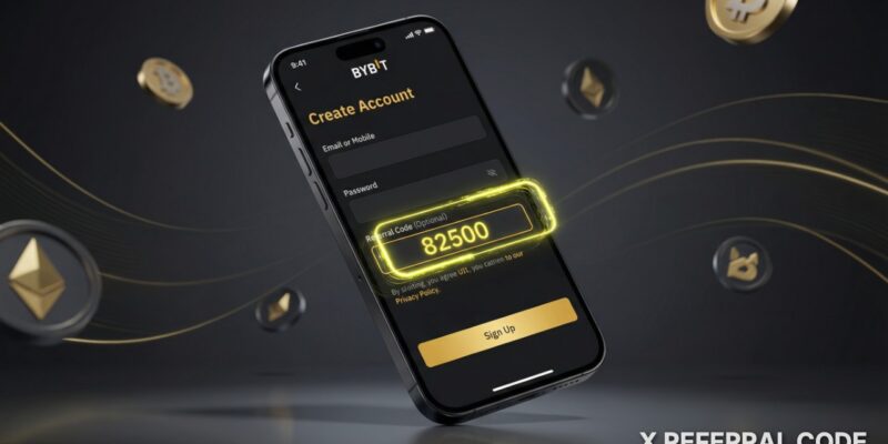 Giao diện đăng ký tài khoản Bybit chuyên nghiệp với ô nhập mã giới thiệu 82500 được làm nổi bật rõ nét.