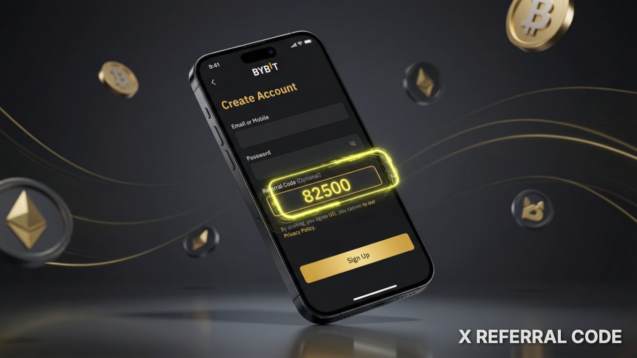 Giao diện đăng ký tài khoản Bybit chuyên nghiệp với ô nhập mã giới thiệu 82500 được làm nổi bật rõ nét.