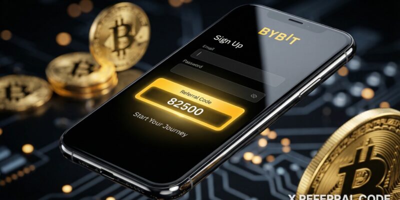 Giao diện trang đăng ký Bybit với ô nhập mã giới thiệu 82500 được làm nổi bật chuyên nghiệp.