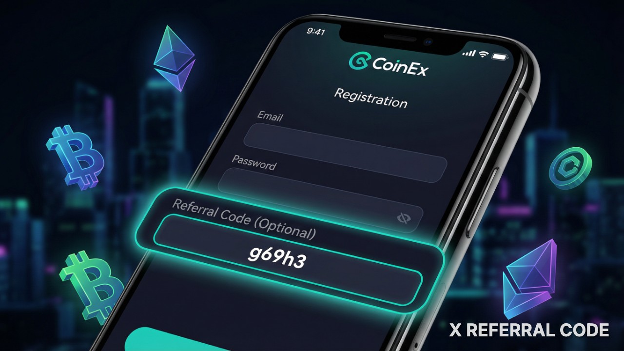 Giao diện màn hình đăng ký tài khoản CoinEx với ô nhập mã giới thiệu g69h3 được làm nổi bật chuyên nghiệp