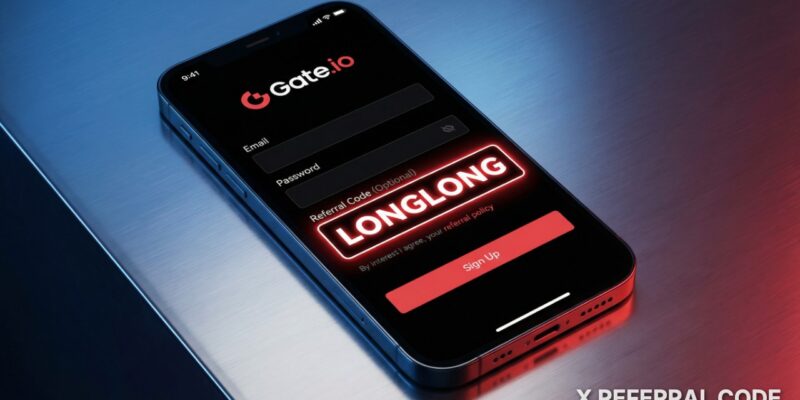 Ảnh chụp màn hình giao diện đăng ký tài khoản Gate.io với ô nhập mã giới thiệu LONGLONG được làm nổi bật chuyên nghiệp.