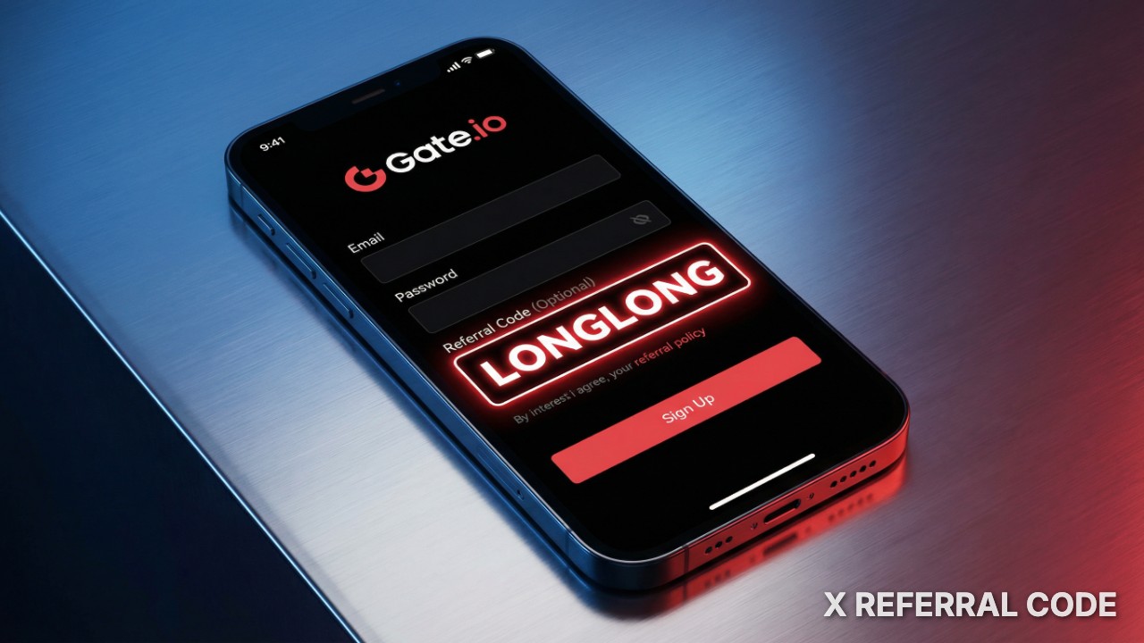 Ảnh chụp màn hình giao diện đăng ký tài khoản Gate.io với ô nhập mã giới thiệu LONGLONG được làm nổi bật chuyên nghiệp.