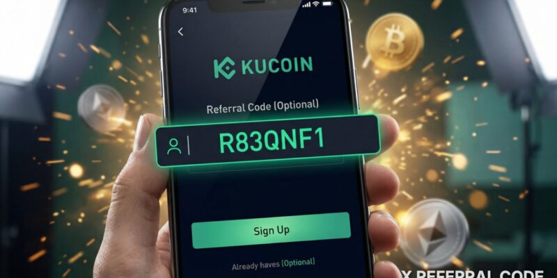 Giao diện đăng ký tài khoản KuCoin với ô nhập mã giới thiệu R83QNF1 được làm nổi bật chuyên nghiệp
