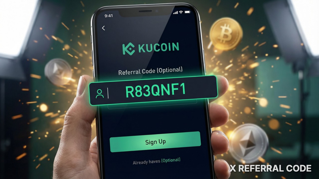 Giao diện đăng ký tài khoản KuCoin với ô nhập mã giới thiệu R83QNF1 được làm nổi bật chuyên nghiệp