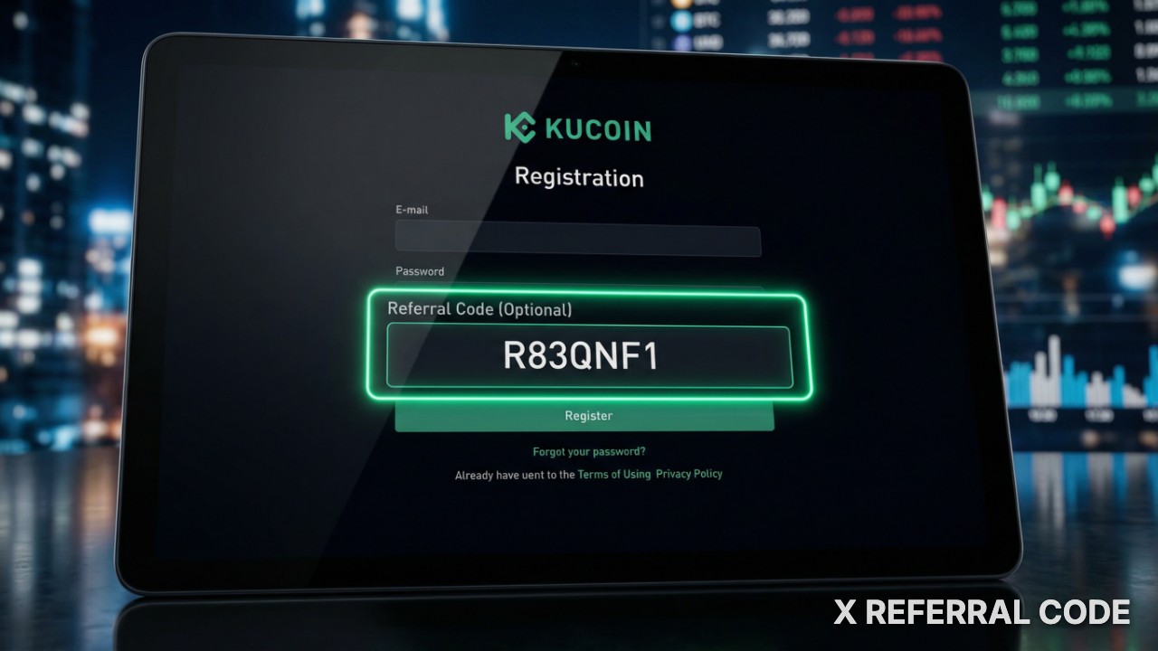 Giao diện trang đăng ký KuCoin với ô nhập mã giới thiệu R83QNF1 được làm nổi bật chuyên nghiệp.