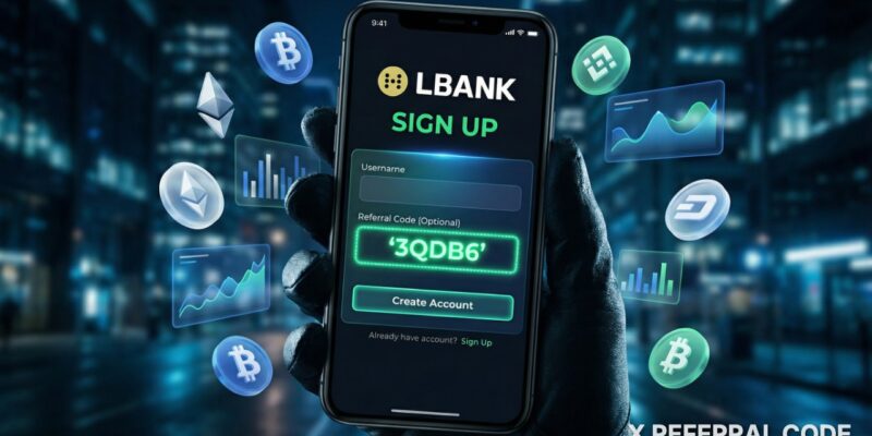 Hình ảnh trang đăng ký tài khoản LBank với mã giới thiệu 3QDB6 được hiển thị rõ ràng trong ô nhập liệu