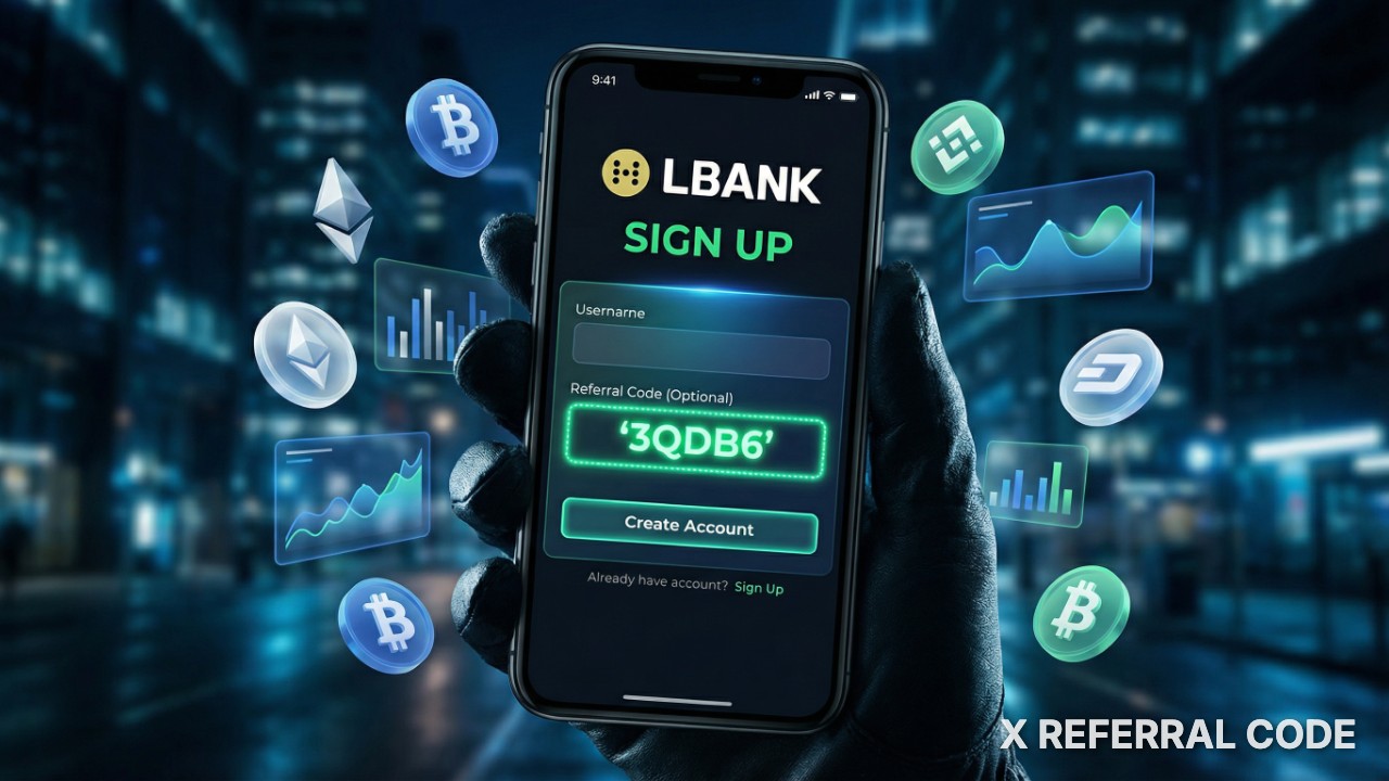 Hình ảnh trang đăng ký tài khoản LBank với mã giới thiệu 3QDB6 được hiển thị rõ ràng trong ô nhập liệu