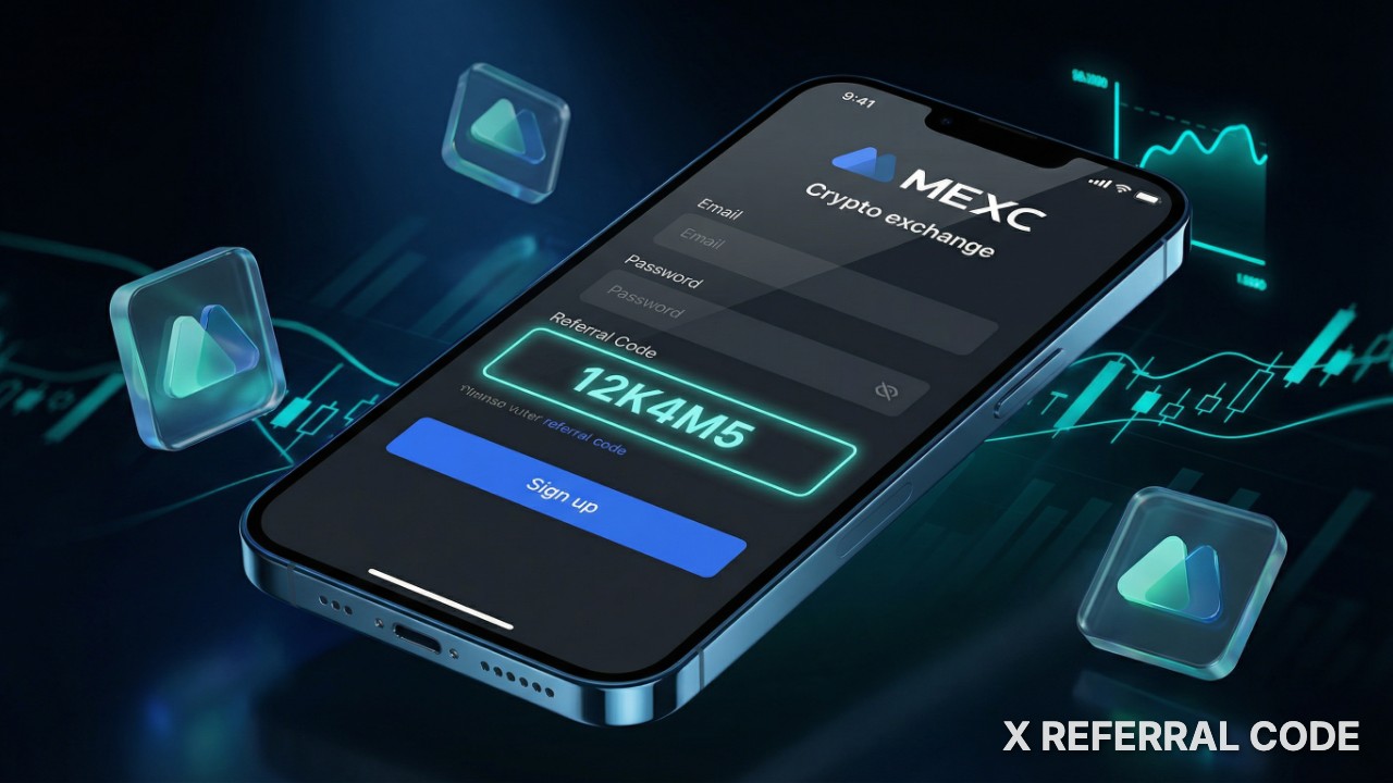 Ảnh chụp màn hình biểu mẫu đăng ký tài khoản MEXC với ô nhập mã giới thiệu 12K4M5 được làm nổi bật chuyên nghiệp.