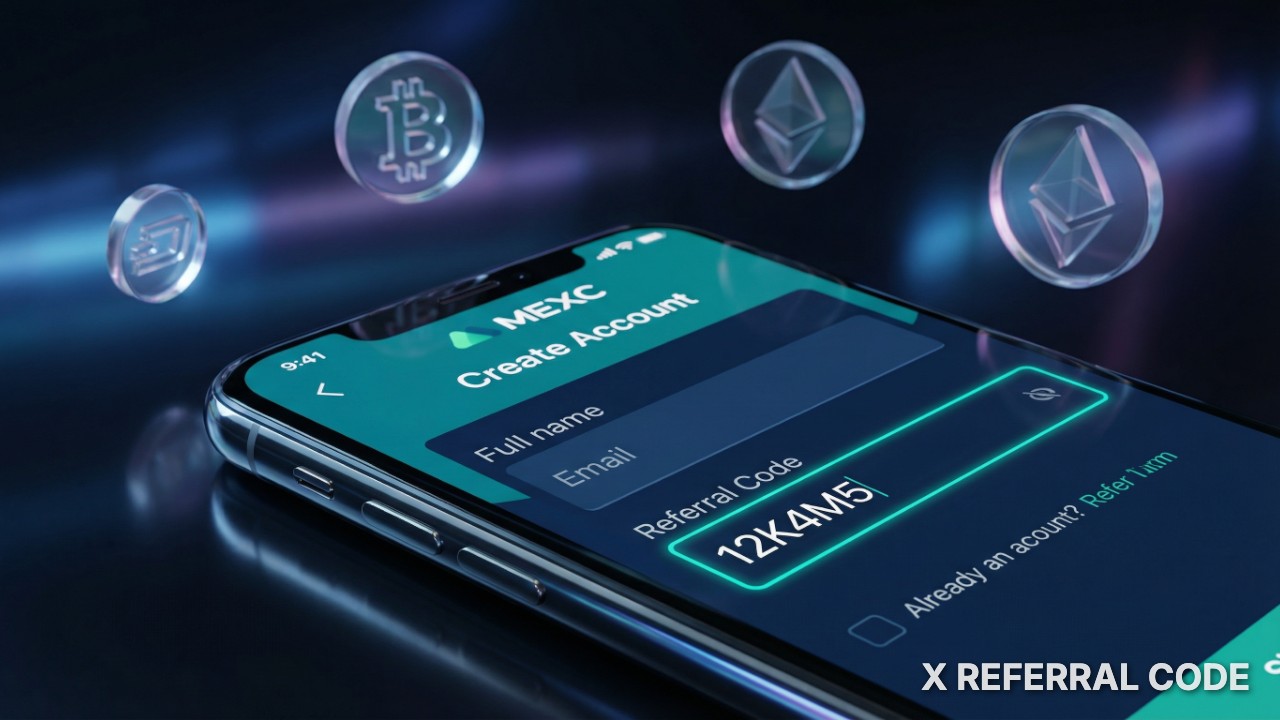 Giao diện trang đăng ký tài khoản sàn MEXC với ô nhập mã giới thiệu 12K4M5 hiển thị rõ ràng chuyên nghiệp.