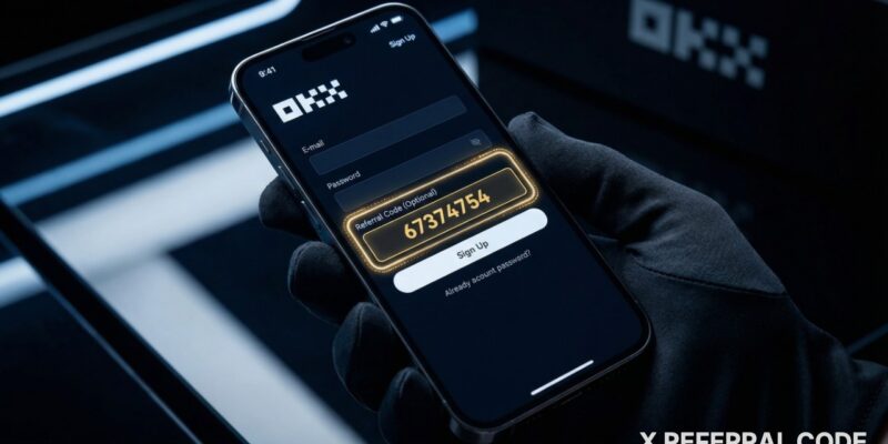 Biểu mẫu đăng ký tài khoản OKX với phần nhập mã giới thiệu 67374754 được làm nổi bật