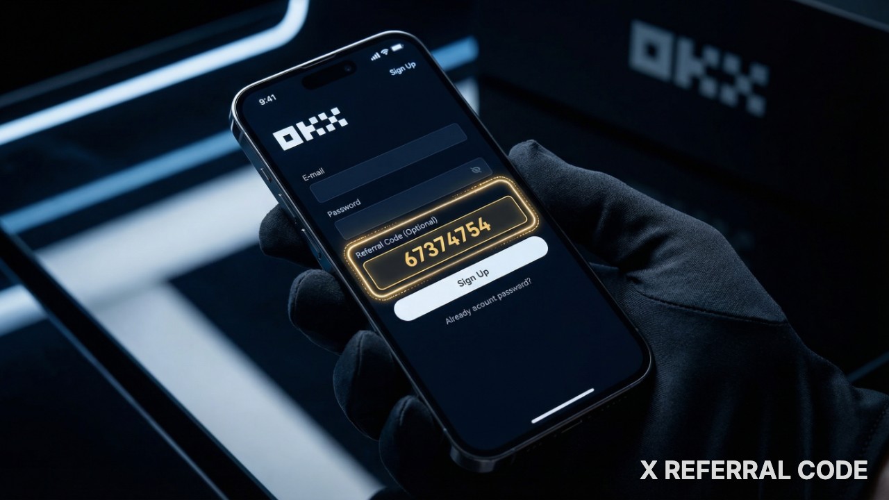 Biểu mẫu đăng ký tài khoản OKX với phần nhập mã giới thiệu 67374754 được làm nổi bật
