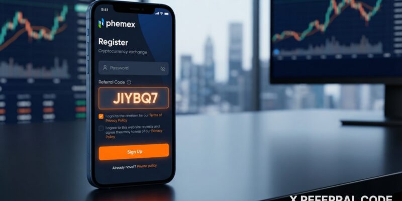 Giao diện trang đăng ký tài khoản Phemex chuyên nghiệp với ô nhập mã giới thiệu JIYBQ7