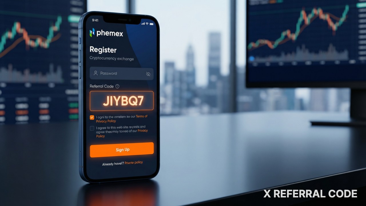 Giao diện trang đăng ký tài khoản Phemex chuyên nghiệp với ô nhập mã giới thiệu JIYBQ7