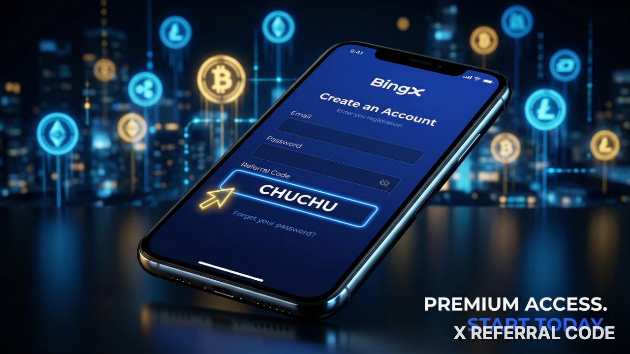 Giao diện đăng ký tài khoản BingX với ô nhập mã giới thiệu CHUCHU được làm nổi bật chuyên nghiệp