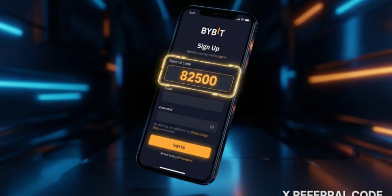 Giao diện đăng ký tài khoản Bybit chuyên nghiệp với mã giới thiệu 82500 được tô đậm và làm nổi bật