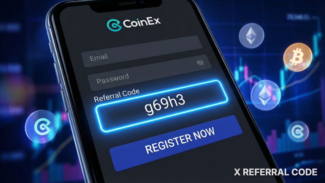 Giao diện màn hình đăng ký tài khoản CoinEx với phần nhập mã giới thiệu được làm nổi bật chuyên nghiệp