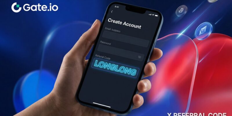 Giao diện đăng ký tài khoản Gate.io với ô nhập mã giới thiệu LONGLONG được hiển thị rõ ràng.