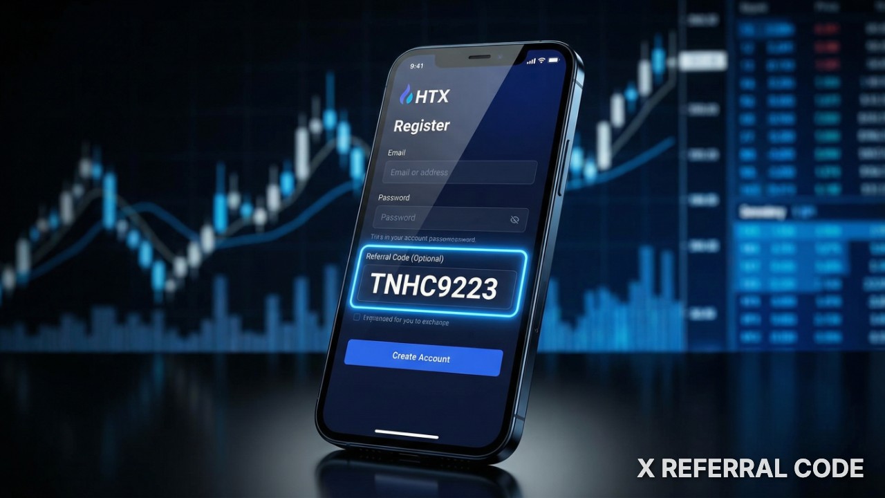 Giao diện đăng ký tài khoản HTX với ô nhập mã giới thiệu TNHC9223 được làm nổi bật