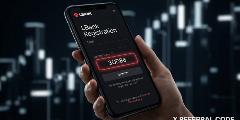 Giao diện trang đăng ký LBank với ô mã giới thiệu được đánh dấu rõ ràng để nhận thưởng.