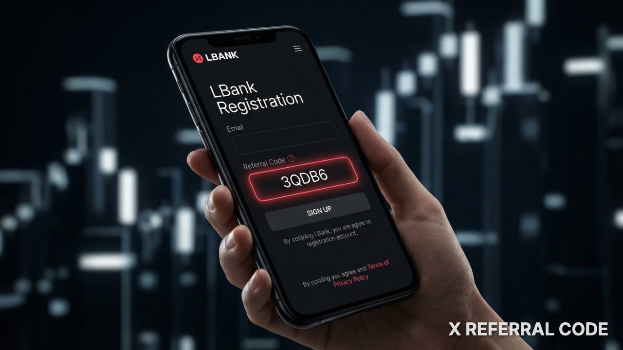 Giao diện trang đăng ký LBank với ô mã giới thiệu được đánh dấu rõ ràng để nhận thưởng.