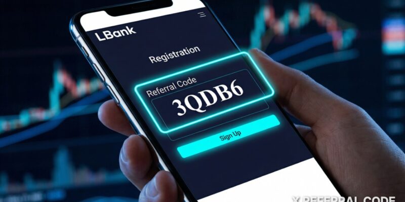 Giao diện trang đăng ký LBank hiển thị vị trí nhập mã giới thiệu 3QDB6 để nhận ưu đãi.