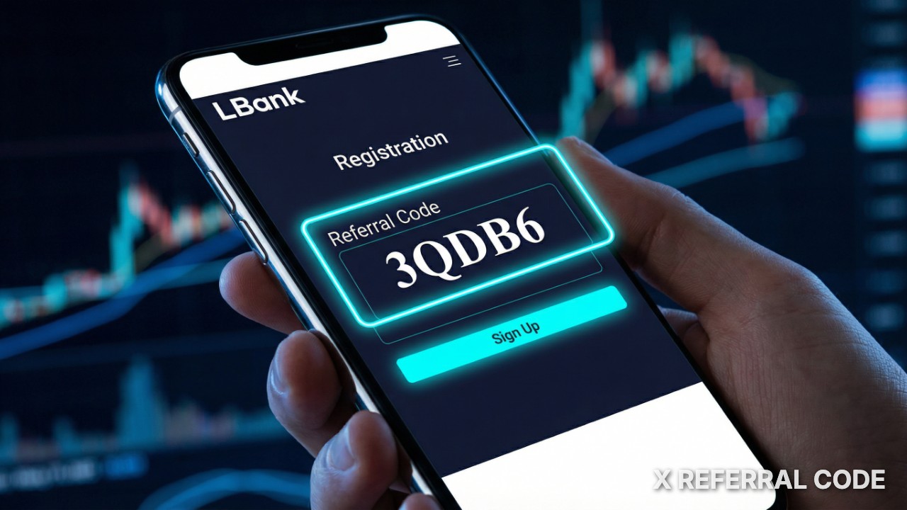 Giao diện trang đăng ký LBank hiển thị vị trí nhập mã giới thiệu 3QDB6 để nhận ưu đãi.