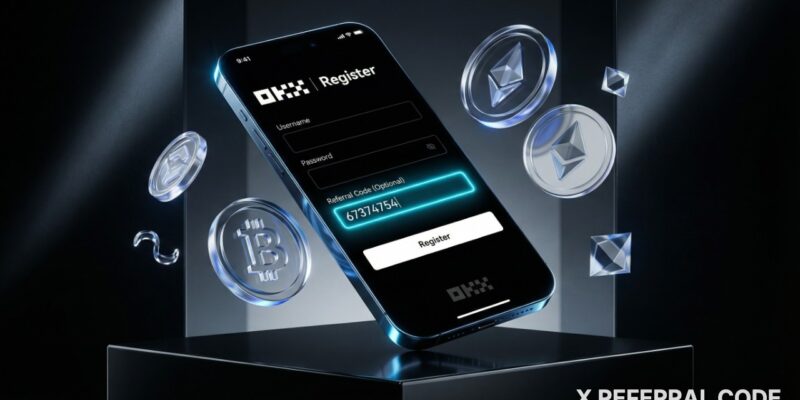 Giao diện trang đăng ký tài khoản sàn OKX với ô nhập mã giới thiệu được làm nổi bật chuyên nghiệp.