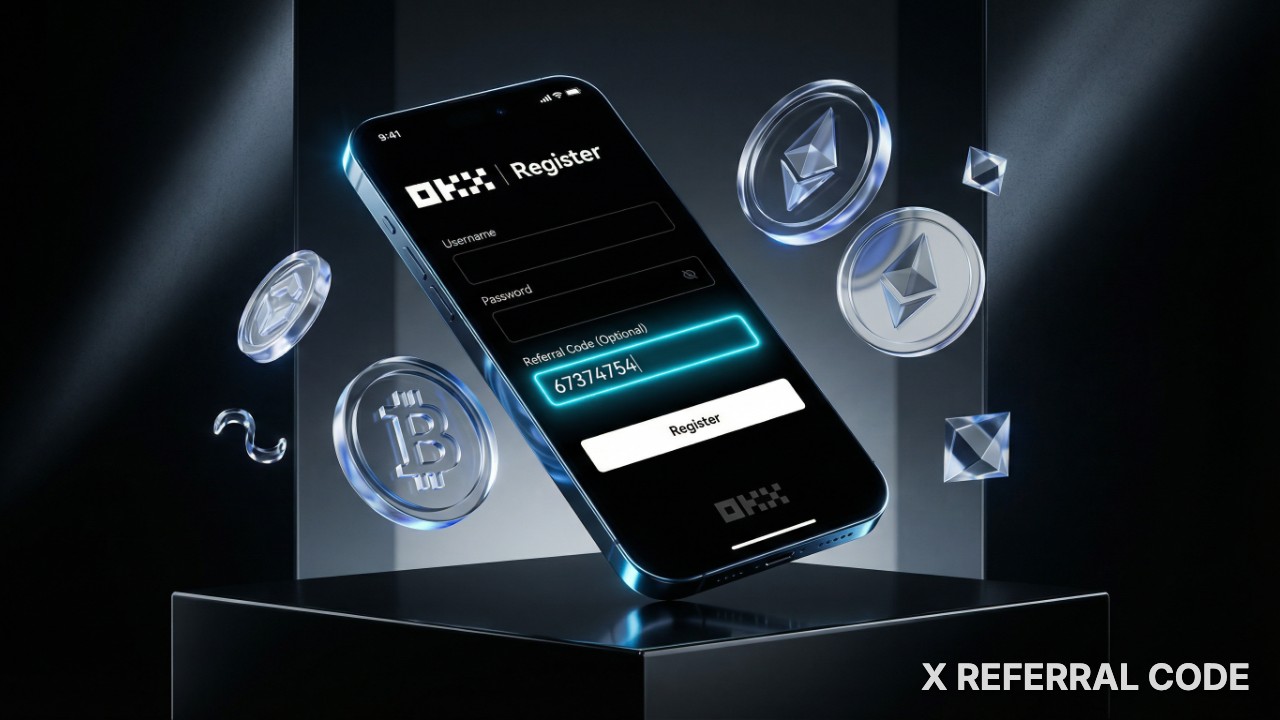 Giao diện trang đăng ký tài khoản sàn OKX với ô nhập mã giới thiệu được làm nổi bật chuyên nghiệp.