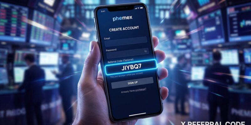 Giao diện đăng ký tài khoản Phemex với ô nhập mã giới thiệu JIYBQ7 được làm nổi bật
