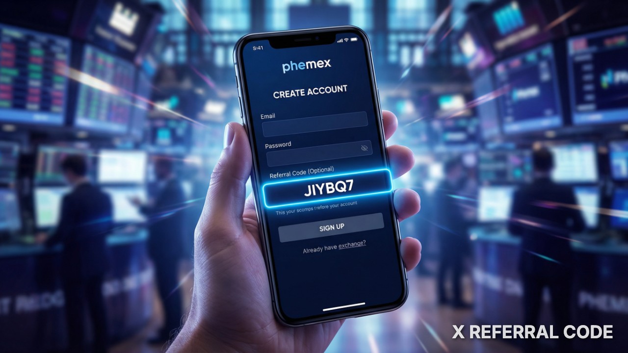 Giao diện đăng ký tài khoản Phemex với ô nhập mã giới thiệu JIYBQ7 được làm nổi bật