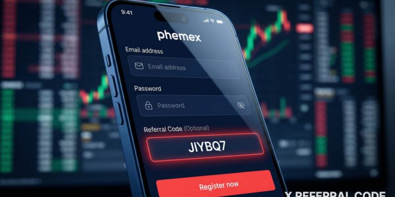 Giao diện màn hình đăng ký tài khoản Phemex với ô nhập mã giới thiệu JIYBQ7 được điền sẵn chuyên nghiệp.