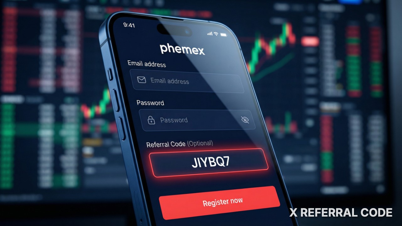 Giao diện màn hình đăng ký tài khoản Phemex với ô nhập mã giới thiệu JIYBQ7 được điền sẵn chuyên nghiệp.
