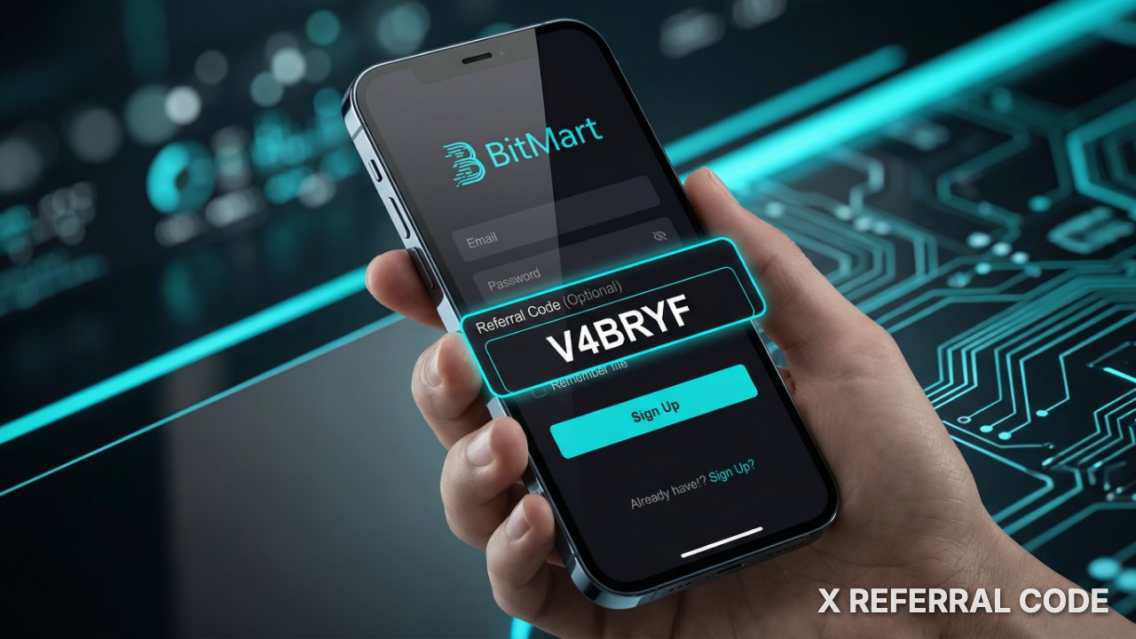 Màn hình đăng ký BitMart hiển thị ô nhập mã giới thiệu V4BRYF được làm nổi bật chuyên nghiệp