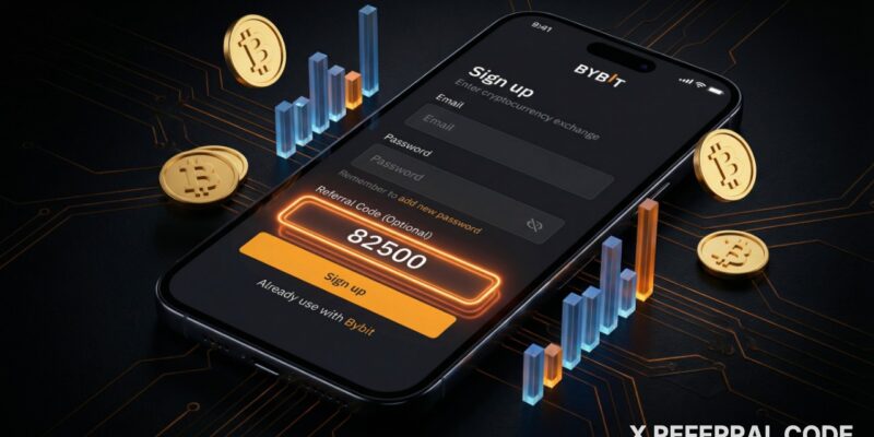 Giao diện đăng ký tài khoản Bybit với ô nhập mã giới thiệu 82500 được làm nổi bật chuyên nghiệp.