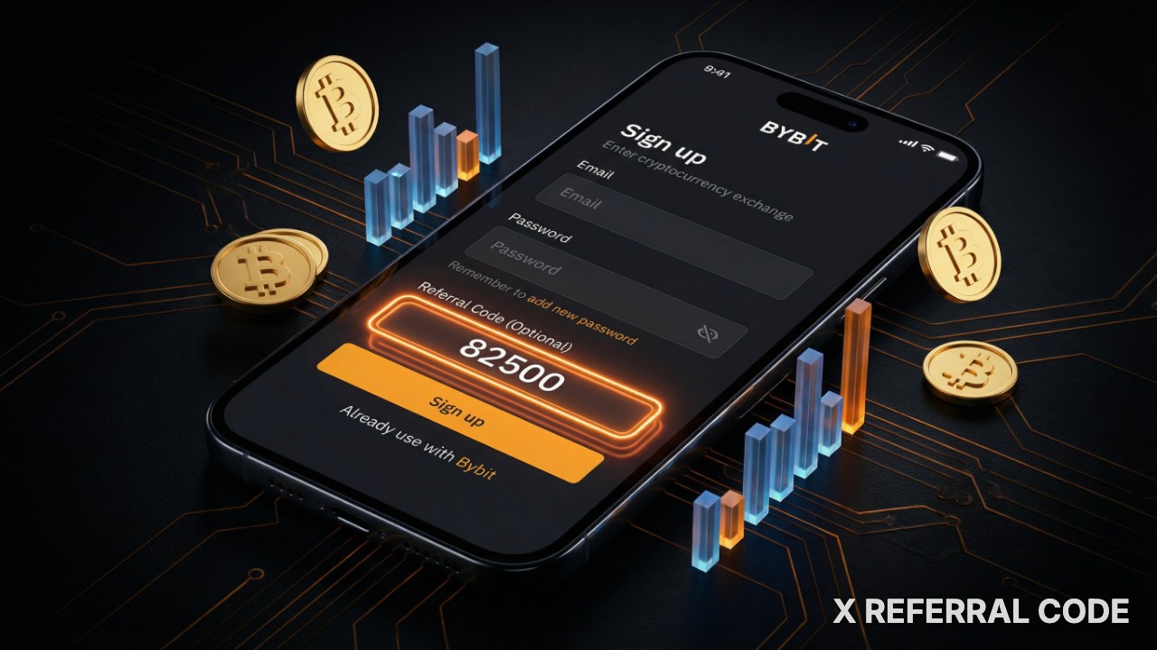 Giao diện đăng ký tài khoản Bybit với ô nhập mã giới thiệu 82500 được làm nổi bật chuyên nghiệp.