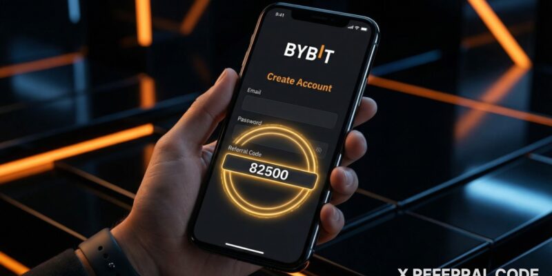 Giao diện đăng ký tài khoản Bybit với ô nhập mã giới thiệu 82500 được làm nổi bật chuyên nghiệp