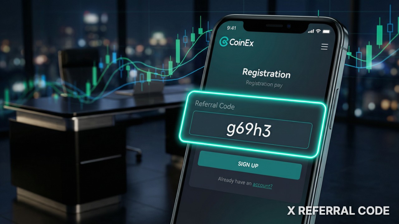 Giao diện đăng ký tài khoản CoinEx với ô nhập mã giới thiệu g69h3 được làm nổi bật chuyên nghiệp.