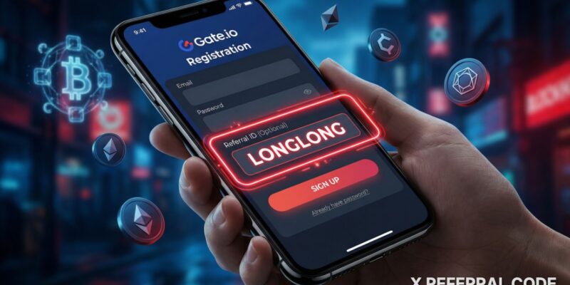 Giao diện đăng ký tài khoản Gate.io với ô nhập mã giới thiệu LONGLONG được làm nổi bật chuyên nghiệp.