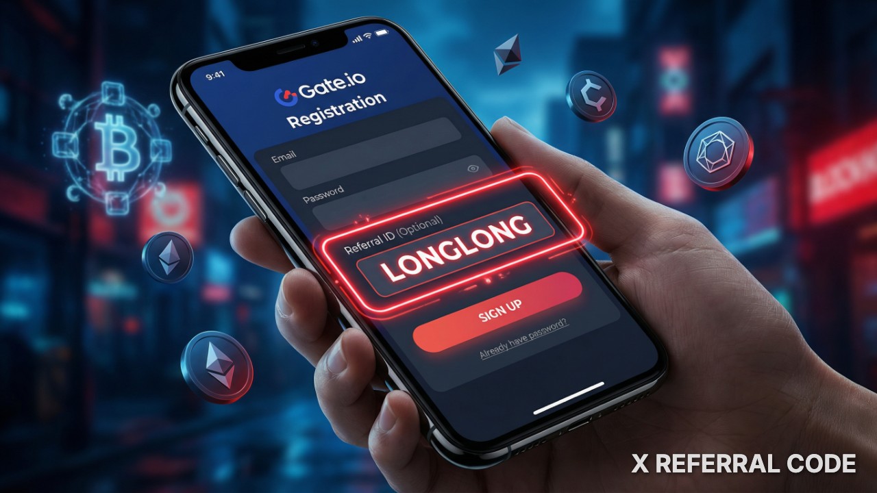Giao diện đăng ký tài khoản Gate.io với ô nhập mã giới thiệu LONGLONG được làm nổi bật chuyên nghiệp.