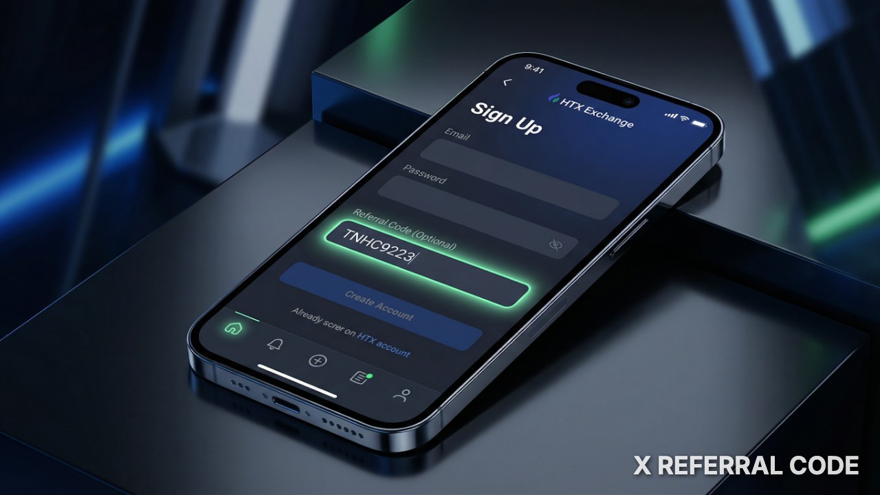 Giao diện đăng ký tài khoản HTX với ô nhập mã giới thiệu TNHC9223 được làm nổi bật chuyên nghiệp