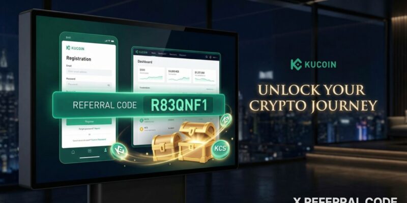 Giao diện trang chủ sàn giao dịch KuCoin hiển thị mã giới thiệu R83QNF1 kèm các ưu đãi bonus hấp dẫn