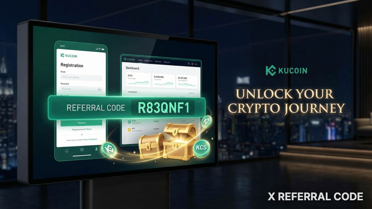 Giao diện trang chủ sàn giao dịch KuCoin hiển thị mã giới thiệu R83QNF1 kèm các ưu đãi bonus hấp dẫn