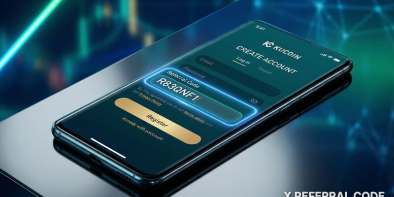 Giao diện đăng ký tài khoản KuCoin hiển thị ô nhập mã giới thiệu với mã R83QNF1 đã điền.